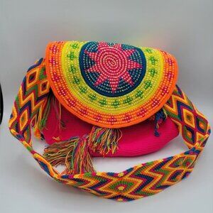 Handmade Woven Neon Shoulder Hobo Bag With Crystals #1491